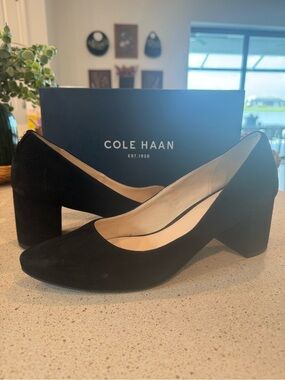 Cole Haan Claudine Black Suede Block Heel Pumps
